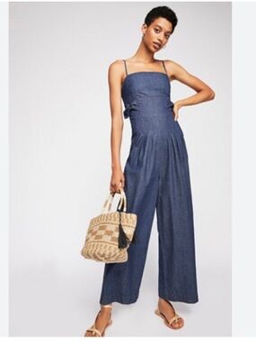 FREE PEOPLE Brittany Denim Blue Wide Leg Jumpsuit nwot sz 12